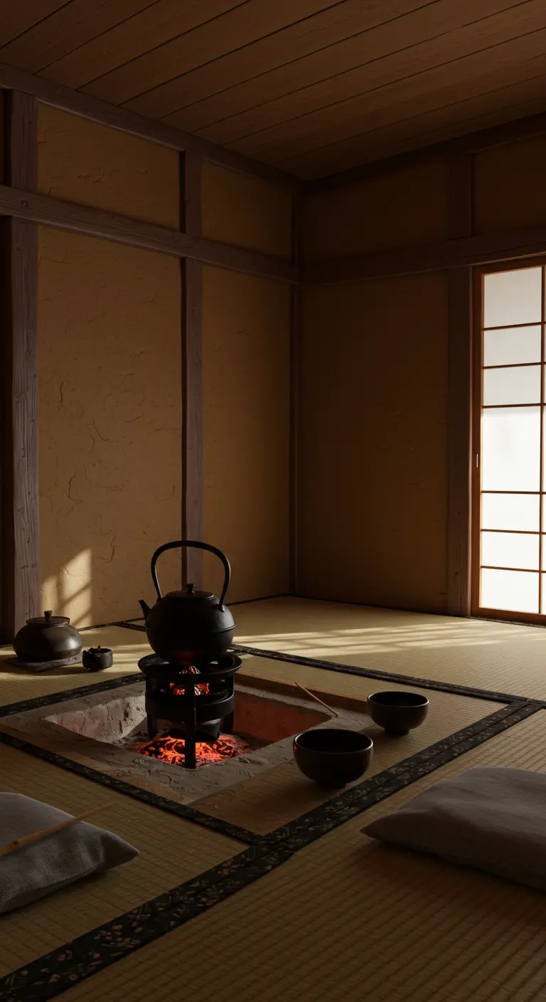 Habitación japonesa con un hogar irori hundido y una tetera de hierro fundido.