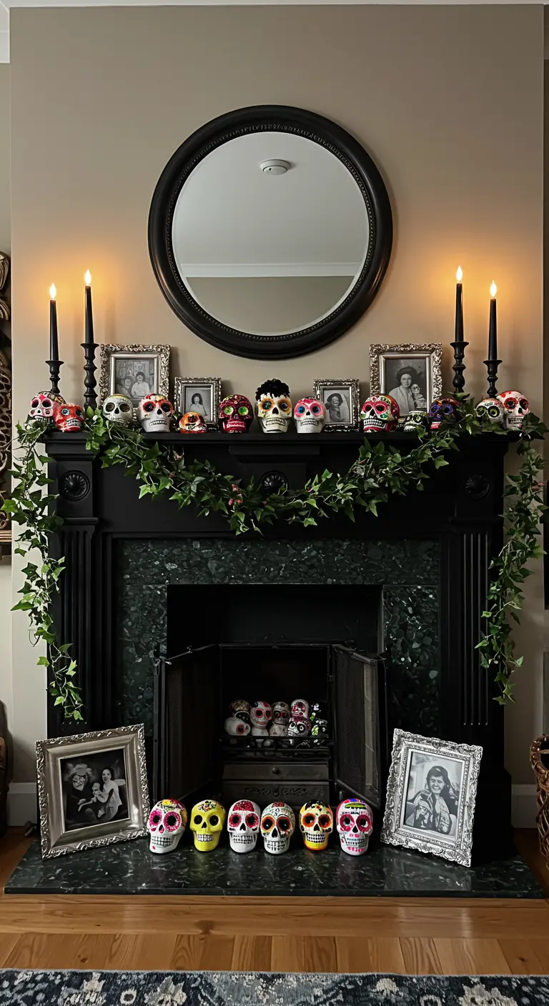 Repisa de chimenea negra decorada con calaveritas de azúcar, una guirnalda verde y fotos.