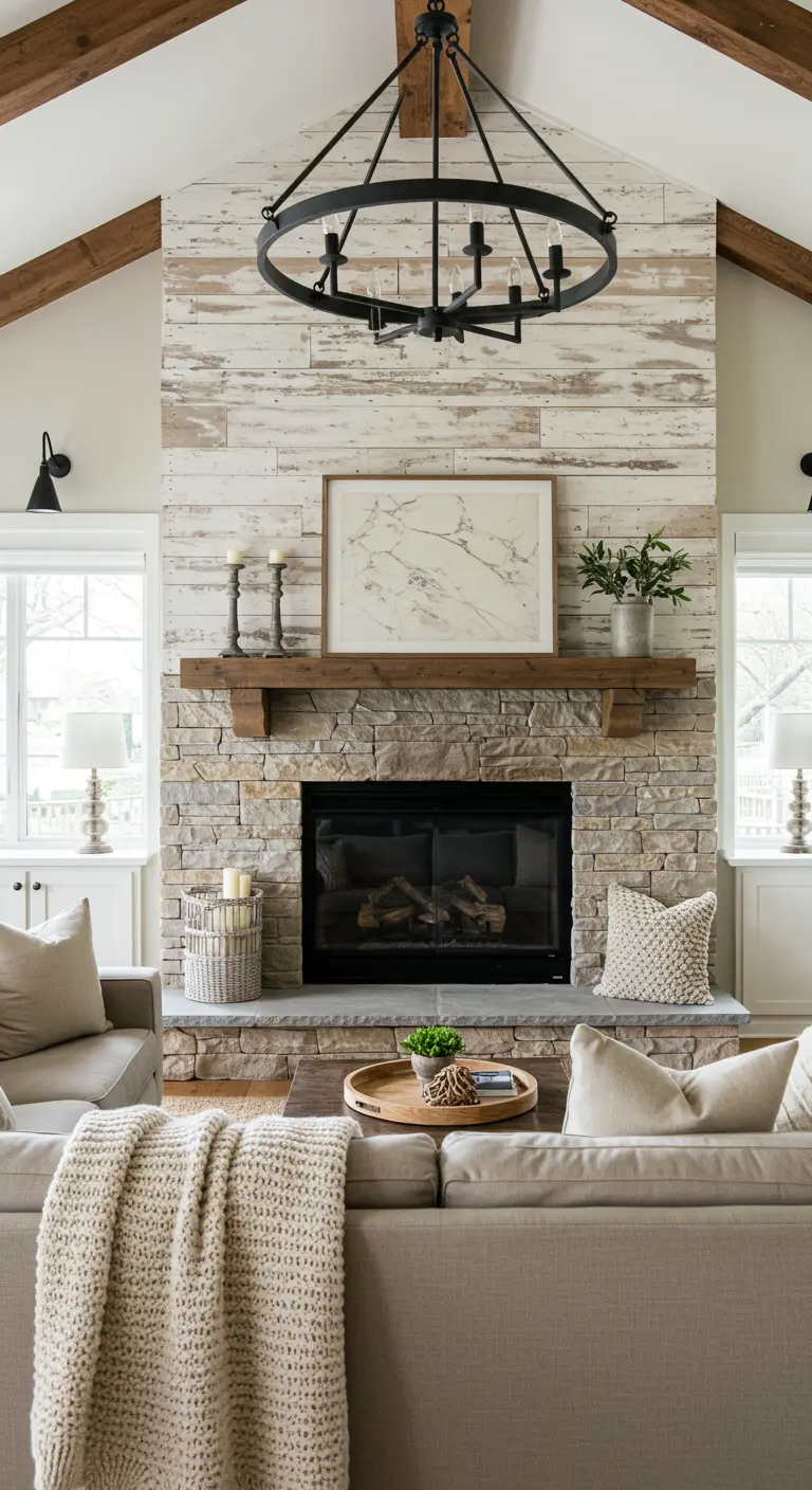 Chimenea de piedra con una pared superior de madera blanqueada en una sala de estilo farmhouse.