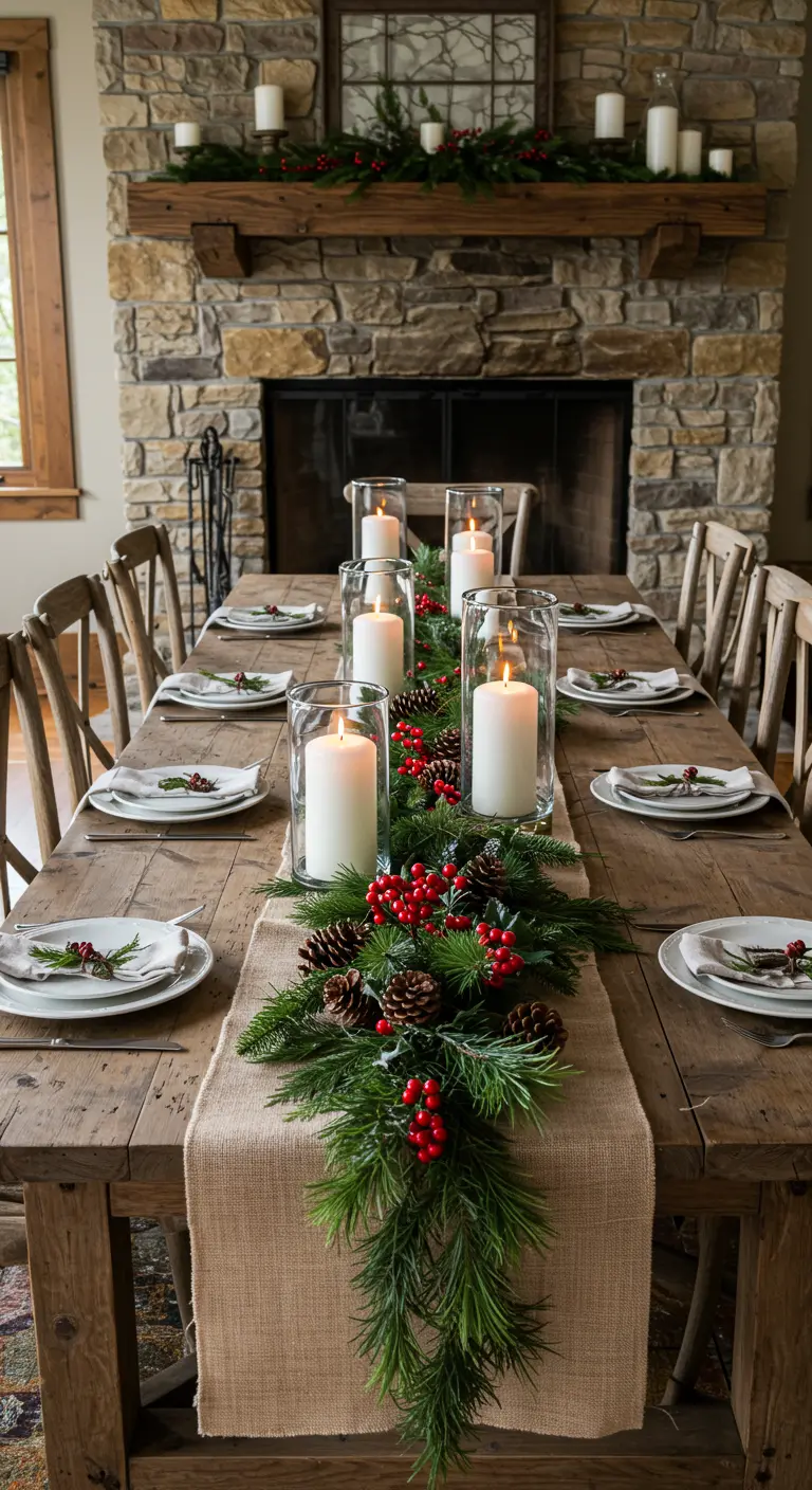 Centro de mesa rústico con guirnalda de pino, bayas y velas en una mesa de madera.