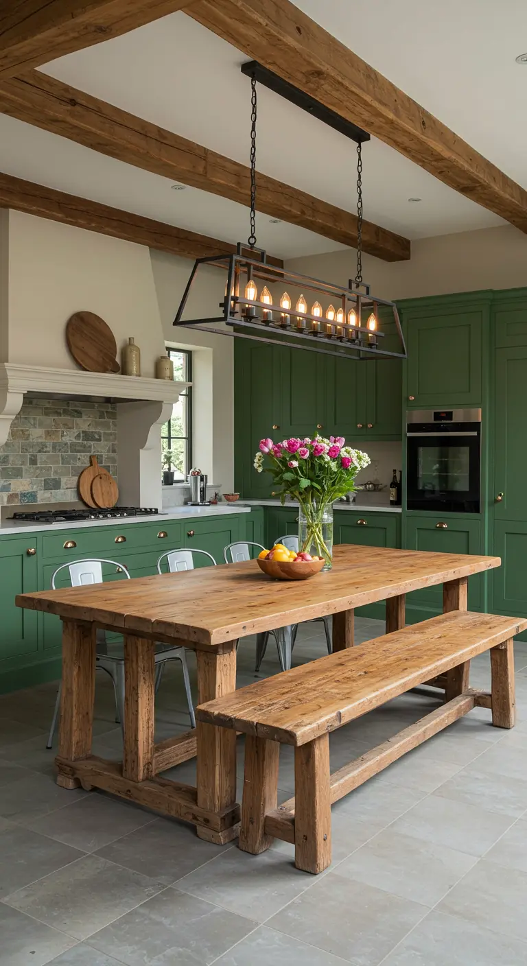 Cocina con comedor integrado, muebles verdes, mesa de madera grande con bancos y lámpara lineal