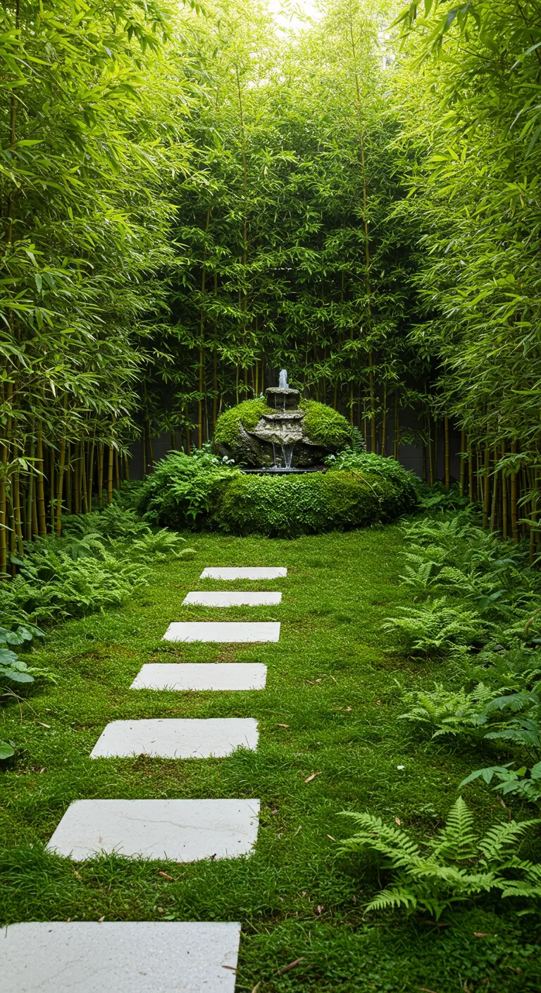 Sendero estrecho rodeado de bambú alto y vegetación que conduce a una fuente de piedra.
