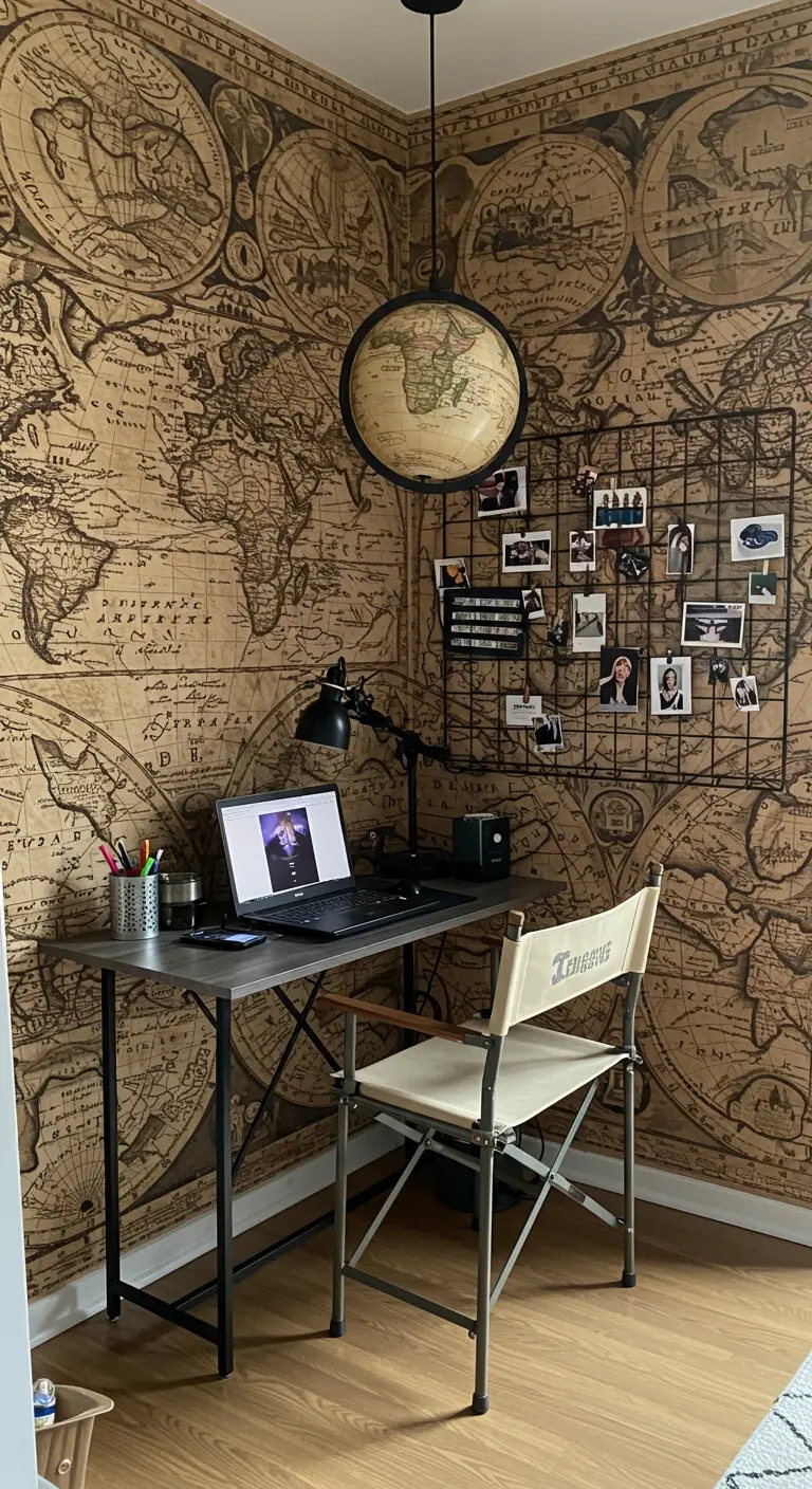 Rincón de estudio con papel tapiz de mapa antiguo y un panel de rejilla metálica para fotos.