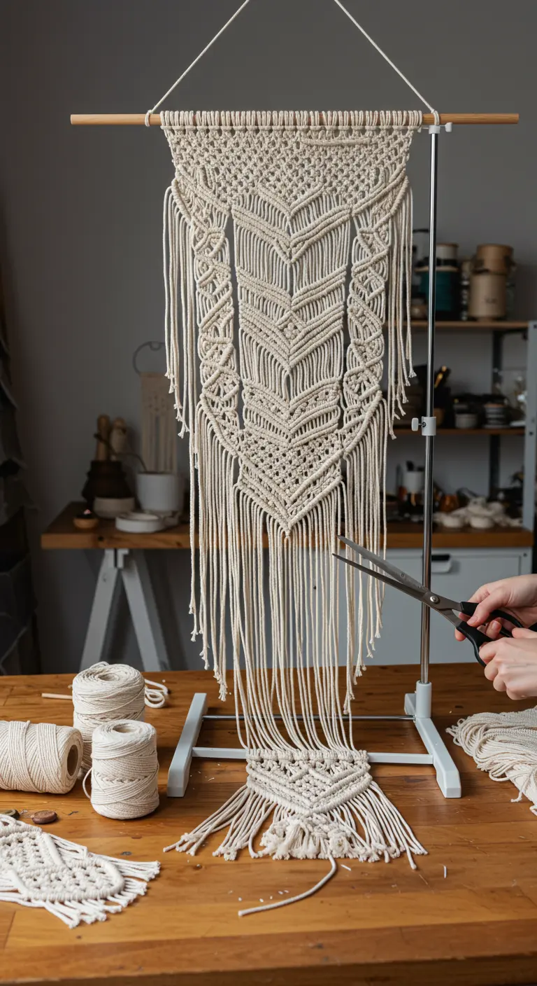 Persona cortando los flecos de un tapiz de macramé con unas tijeras para darle forma.