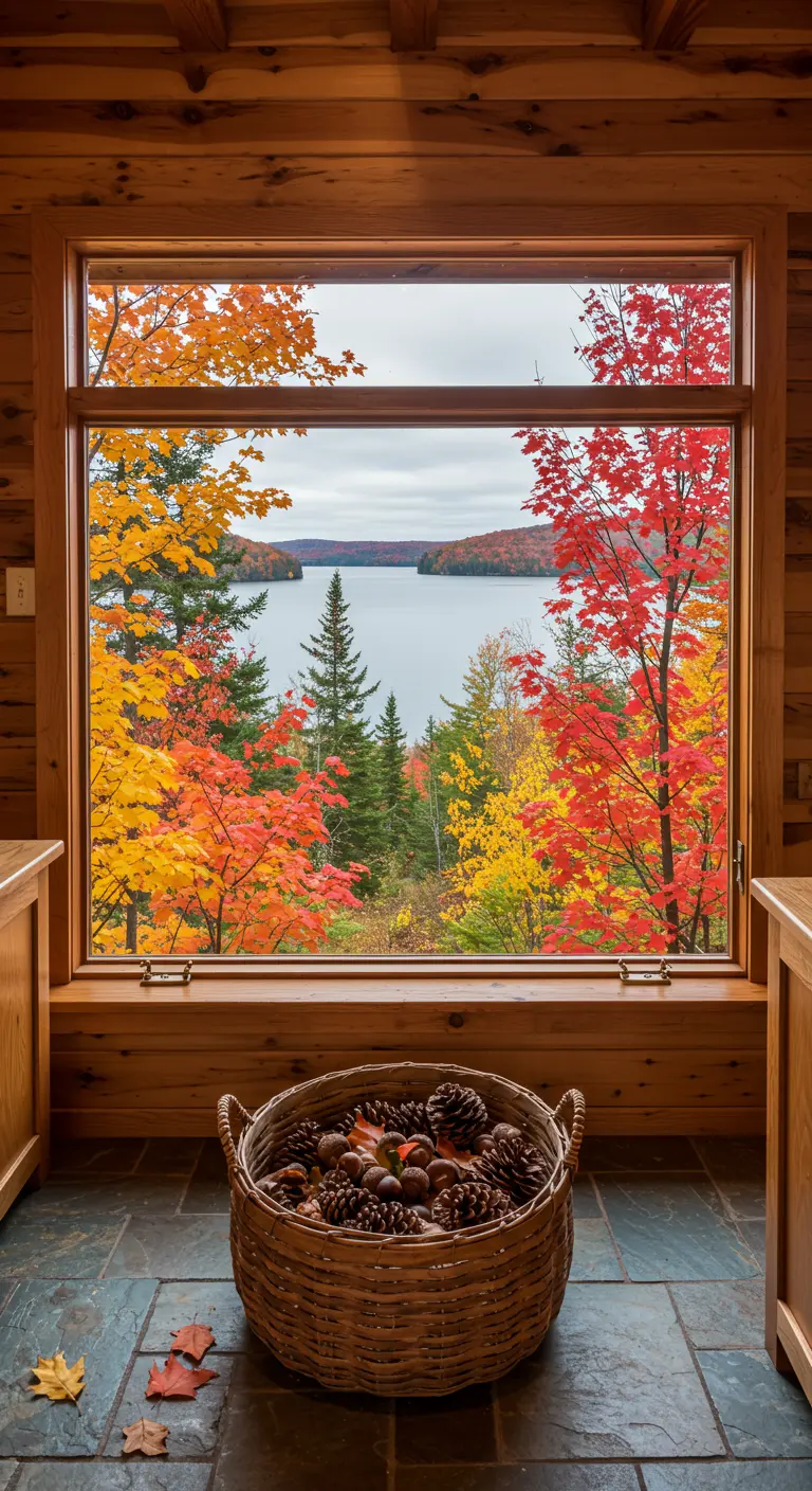 Ventana de una cabaña de madera con vistas a un lago y un bosque otoñal.