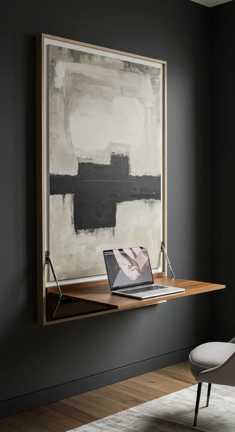 Un cuadro grande en la pared se despliega para revelar un escritorio de madera.