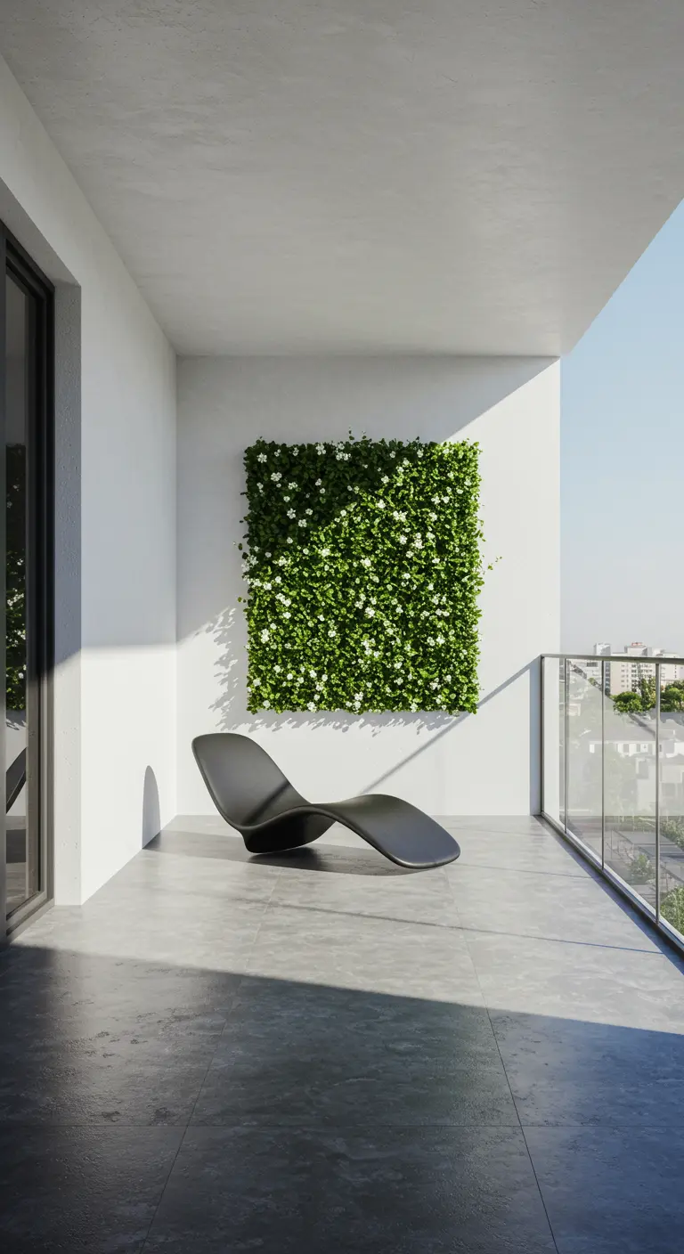 Balcón minimalista con una pared blanca en la que cuelga un cuadro de plantas verdes y flores.