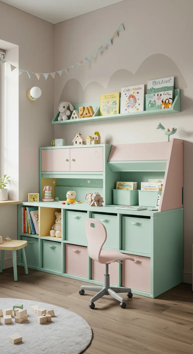 Mueble modular infantil en tonos menta y rosa pastel, con escritorio y cajones para juguetes.