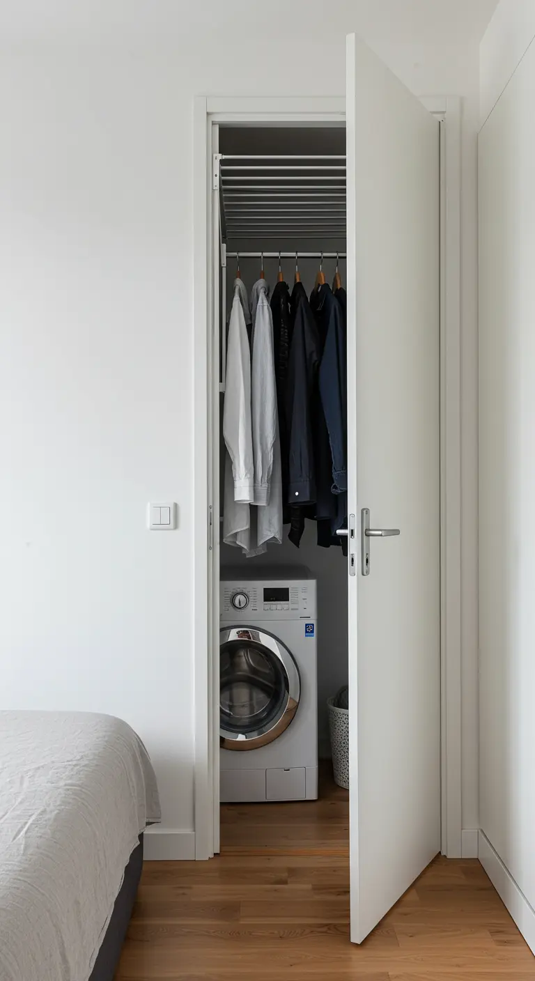 Armario blanco con una lavadora y zona para colgar ropa en su interior.