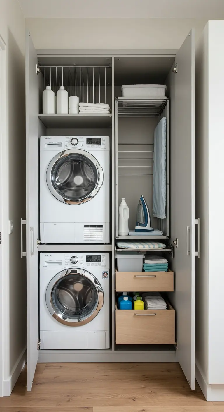Armario alto con lavadora y secadora en torre, baldas extraíbles y cestas de organización.