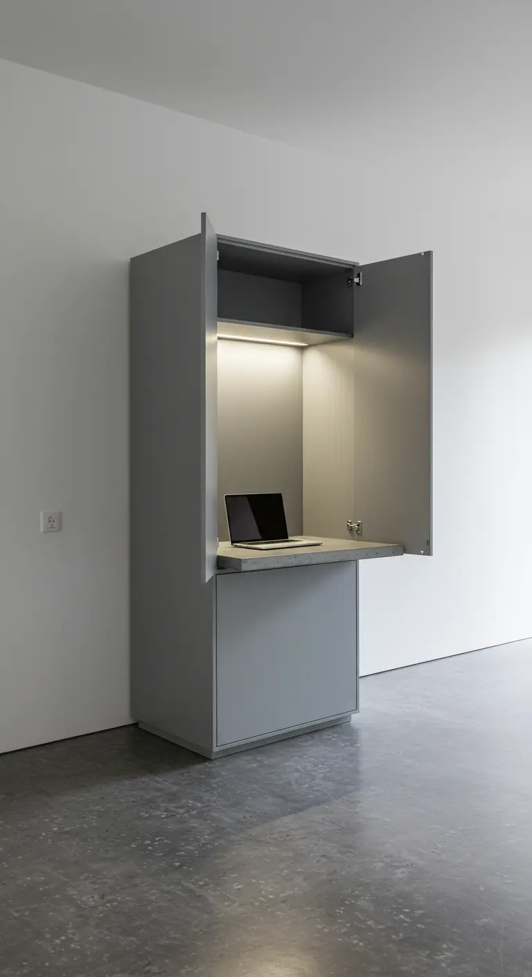 Mueble-escritorio de pared de color gris, con diseño cubista y luz LED interior.