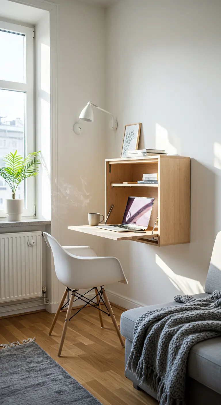 Escritorio plegable de pared en madera clara, estilo nórdico, en una sala de estar luminosa.