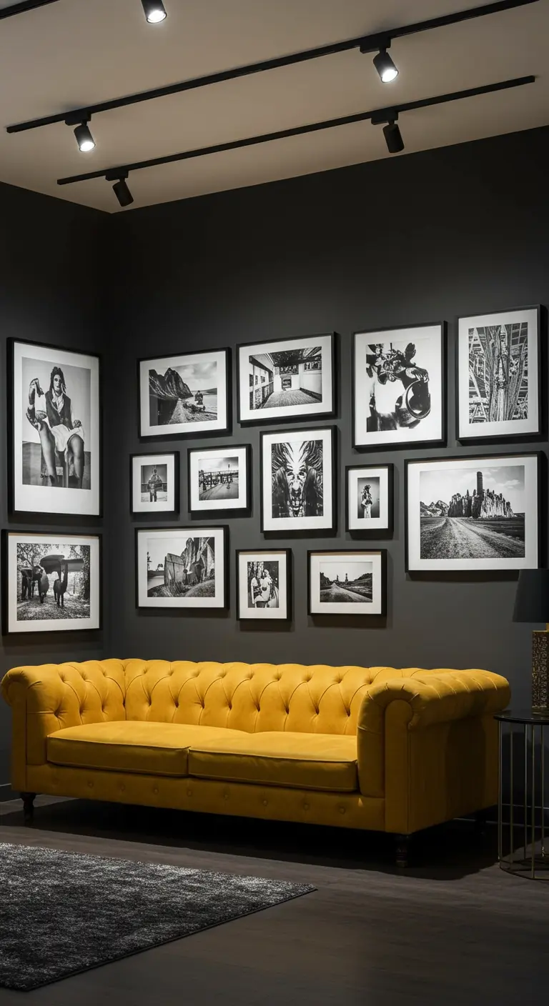 Sofá chesterfield mostaza debajo de una pared de galería con fotografías en blanco y negro.