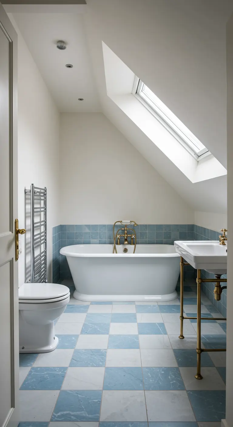Baño de estilo clásico con suelo de damero azul y blanco y grifería dorada