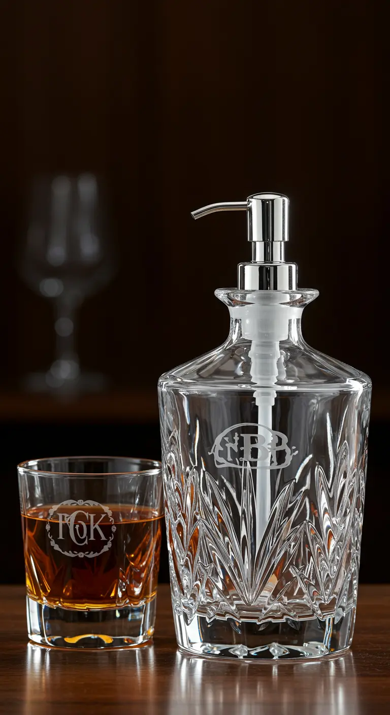 Decantador de whisky de cristal grabado reutilizado como un lujoso dispensador de jabón.