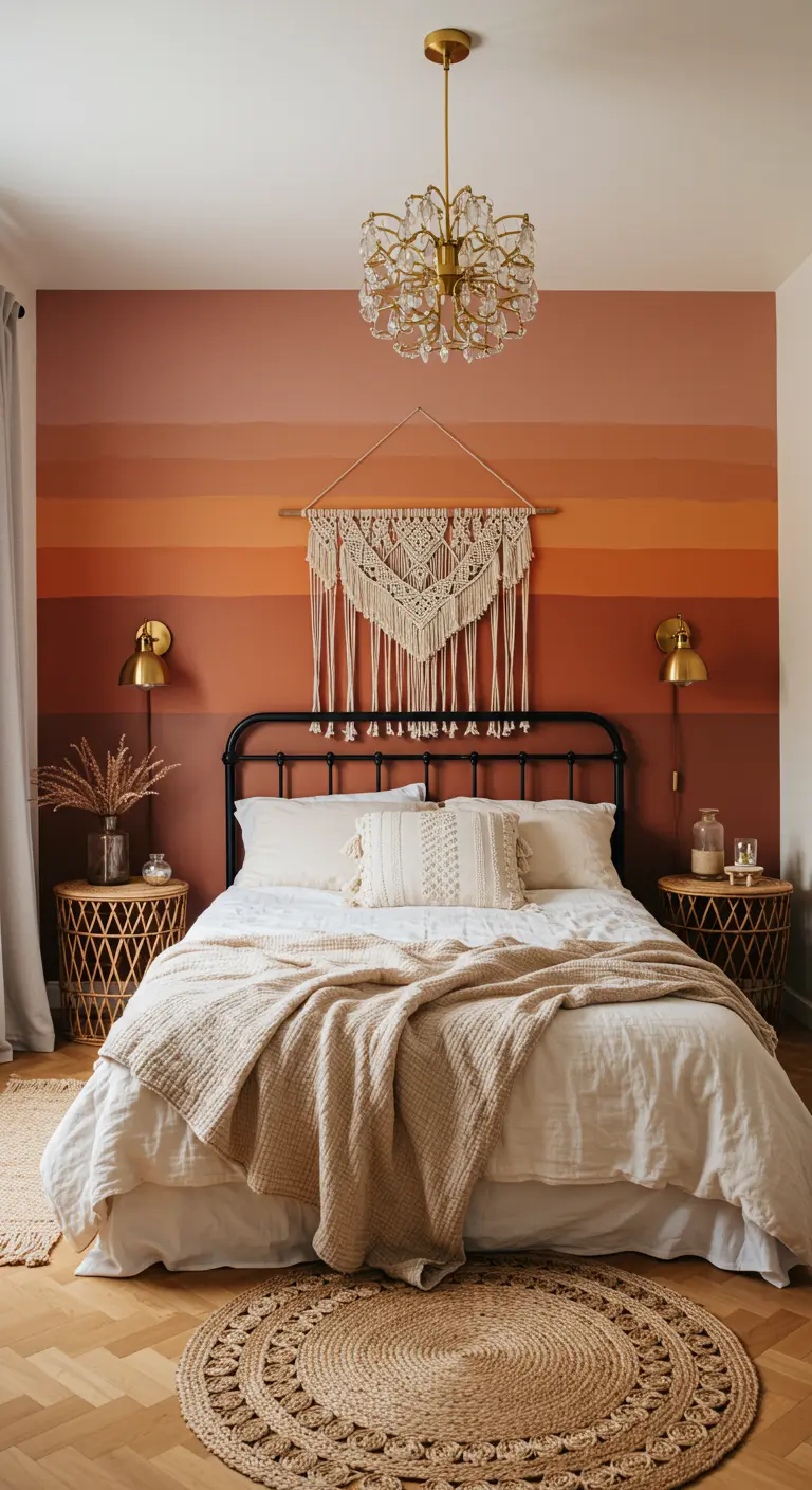 Dormitorio bohemio con pared pintada en franjas de colores cálidos y un tapiz de macramé