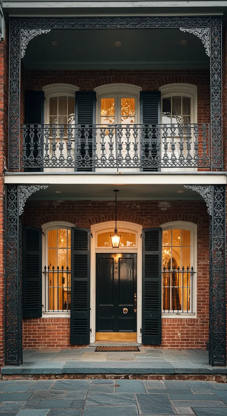 Fachada de ladrillo con balcones de dos pisos adornados con elaboradas barandillas de hierro forjado negro.