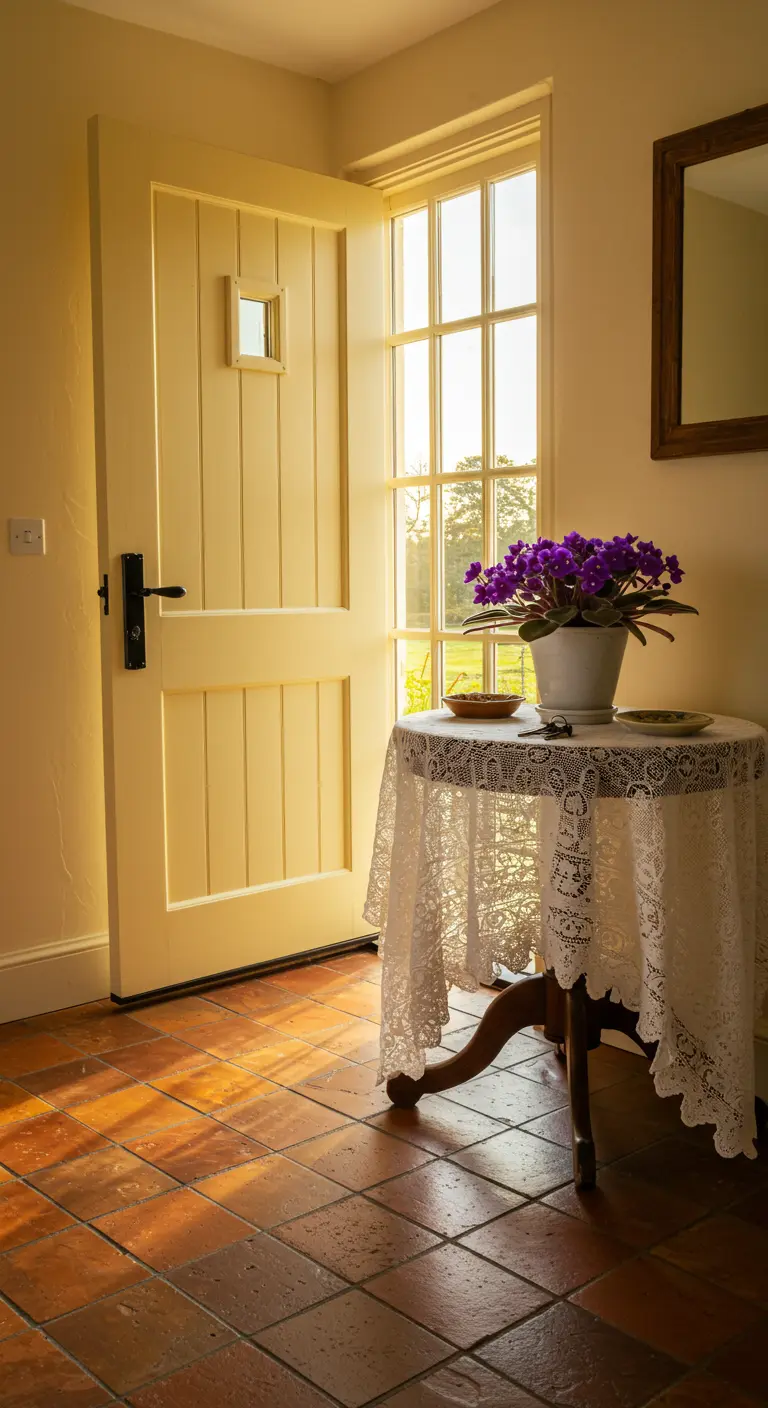 Pequeña mesa redonda junto a una puerta, cubierta con un mantel de encaje y una maceta de violetas.