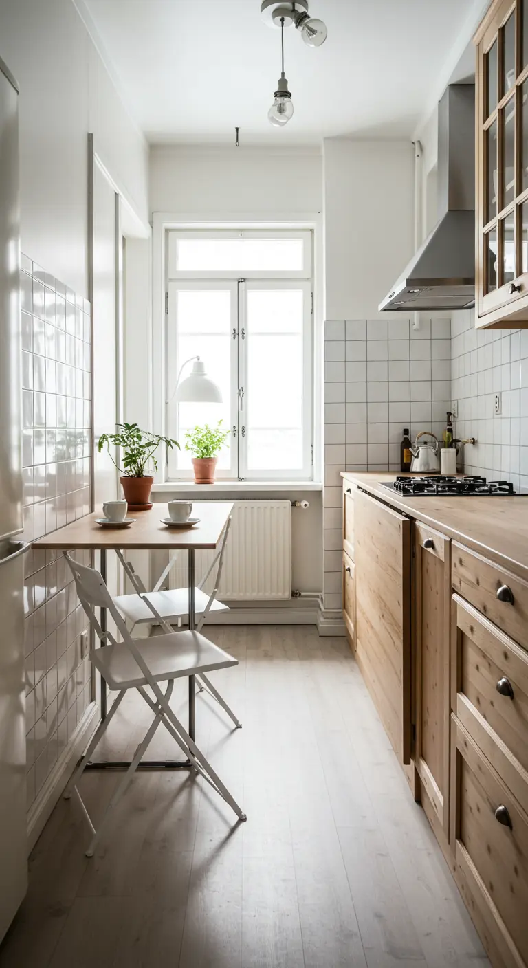 Cocina estrecha y luminosa con una mesa de madera plegable y dos sillas blancas