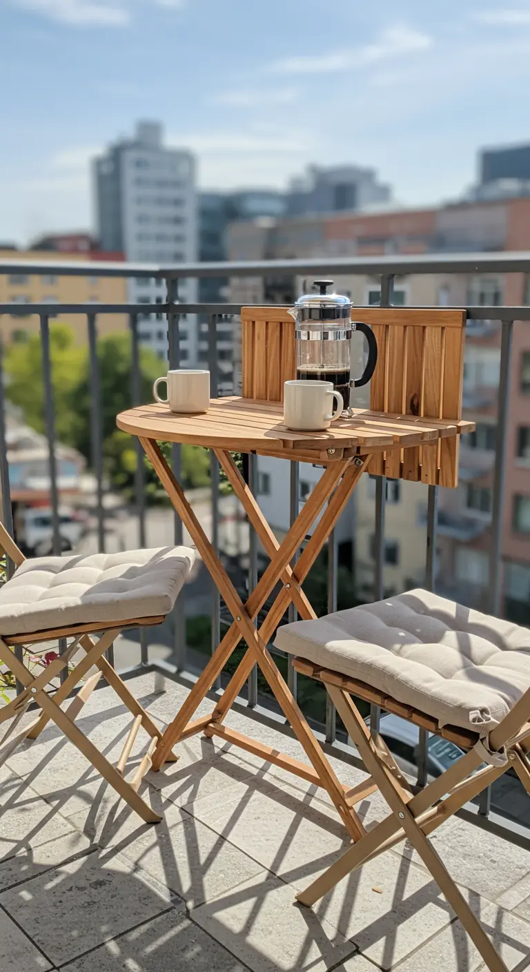 Conjunto de mesa y sillas plegables de madera en un balcón soleado con tazas de café.