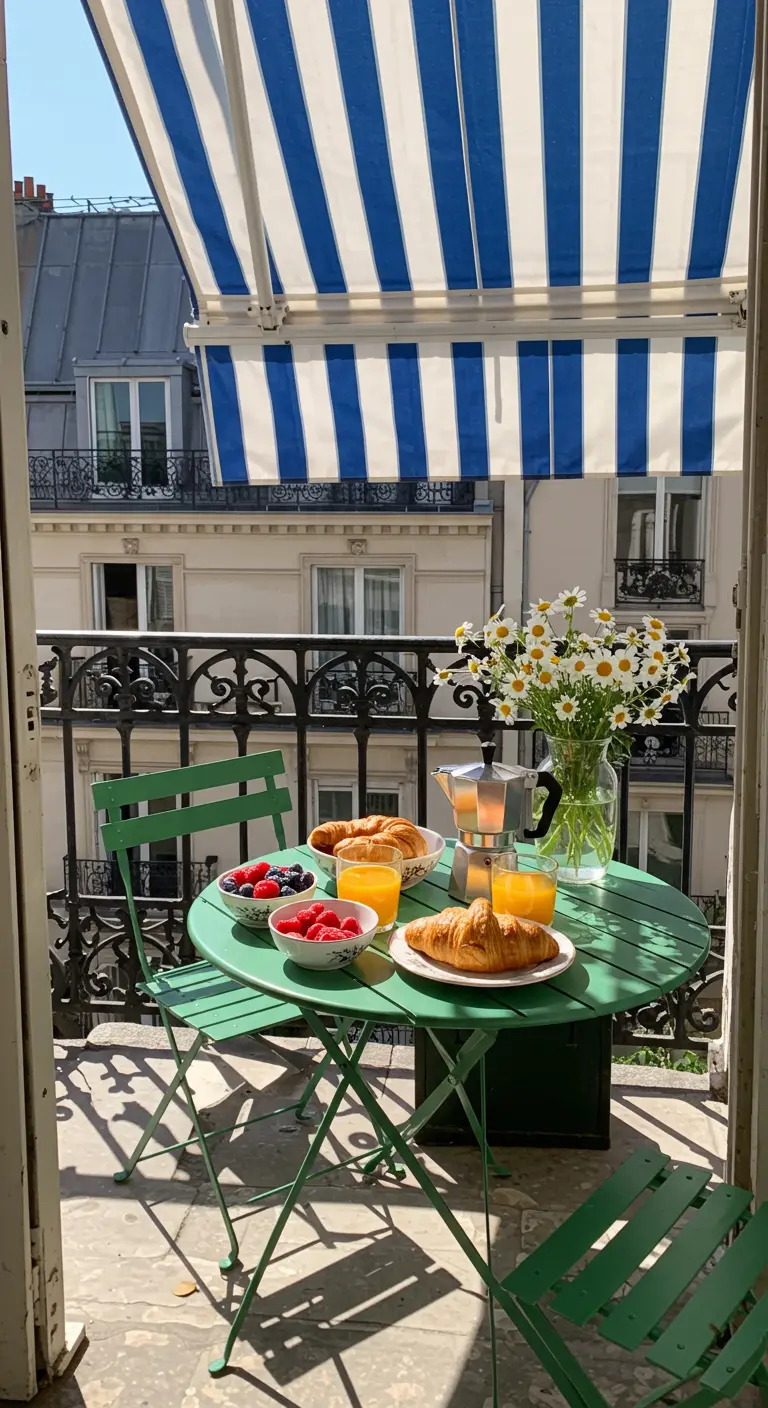 Desayuno con cruasanes y zumo de naranja servido en una mesa verde en un balcón soleado.