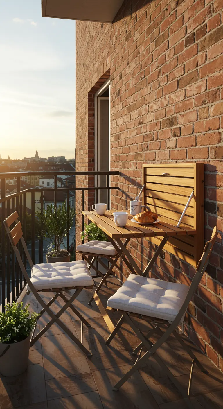 Mesa de madera plegable anclada a una pared de ladrillo en un balcón soleado.
