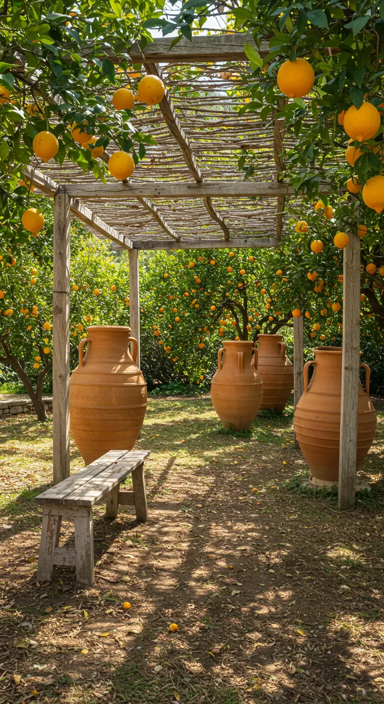 Pérgola rústica de cañizo en un huerto de naranjos, con grandes ánforas de barro y un banco viejo.