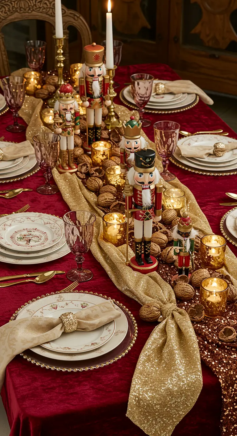 Camino de mesa dorado con una colección de cascanueces y velas sobre un mantel rojo.