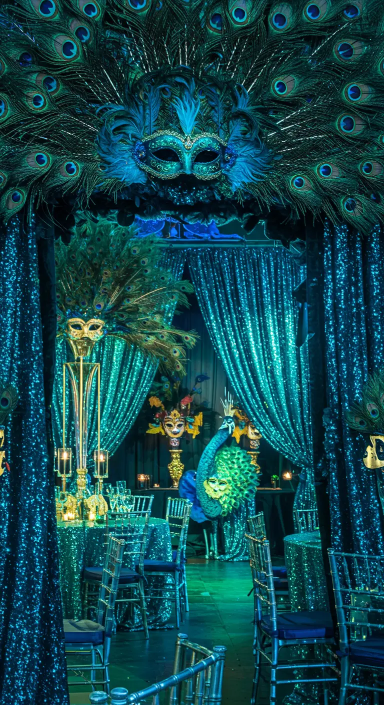 Entrada a una fiesta decorada con cortinas de lentejuelas turquesa y un arco de plumas de pavo real.
