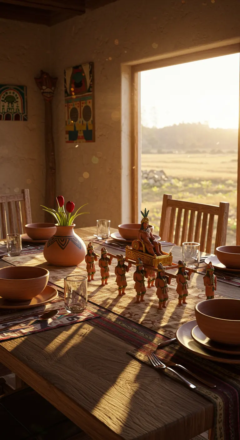 Procesión de figuras incas en una mesa rústica de madera al atardecer.