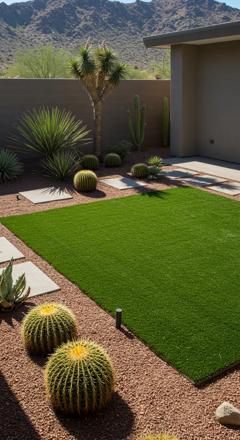 Jardín de estilo desértico con césped artificial, grava rojiza y una variedad de cactus y suculentas.