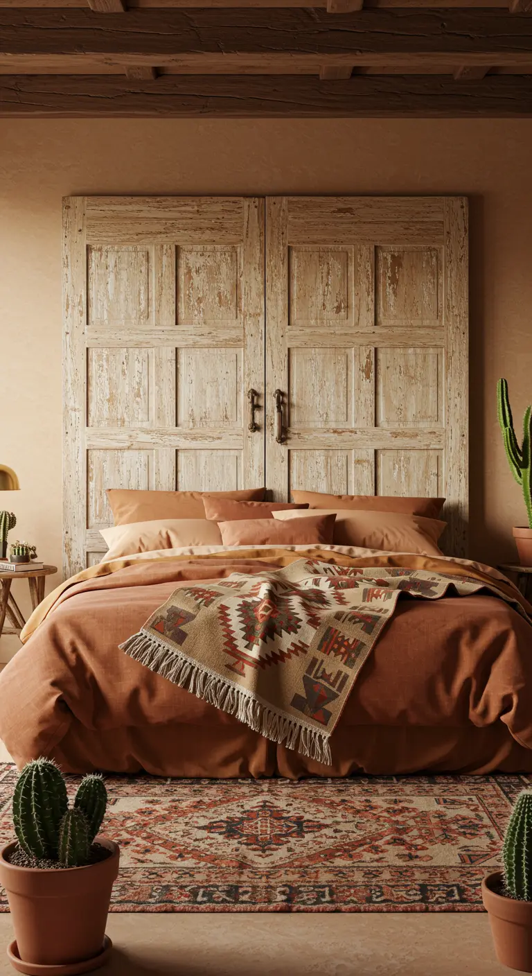 Cabecero de cama de estilo desértico con puertas de madera muy desgastada y ropa de cama en tonos terracota.