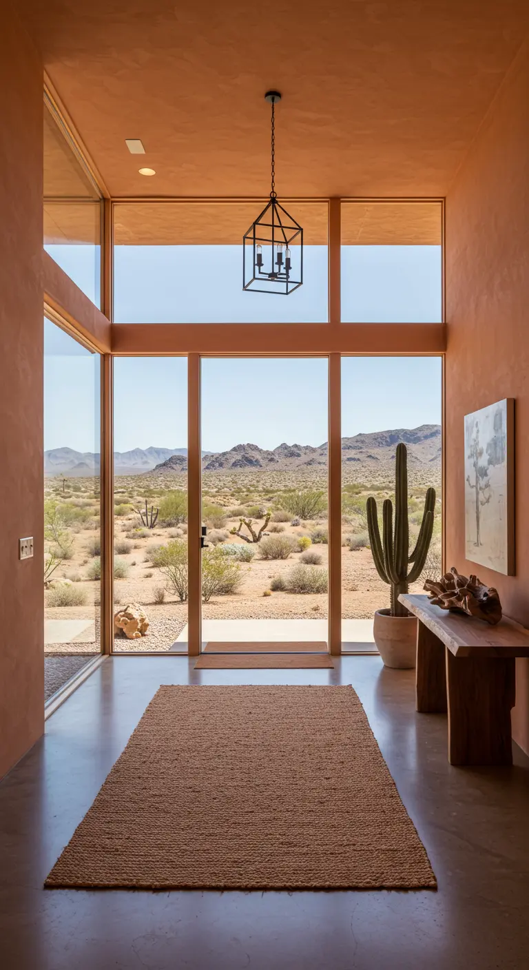 Entrada estilo desértico moderno con ventanal, cactus, consola rústica y alfombra de yute.