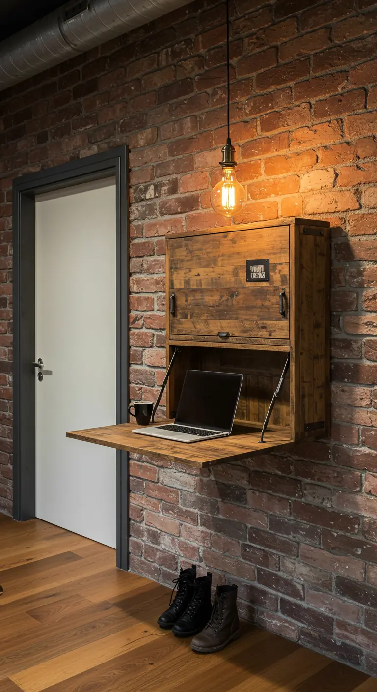 Escritorio de pared plegable de madera rústica sobre una pared de ladrillo.