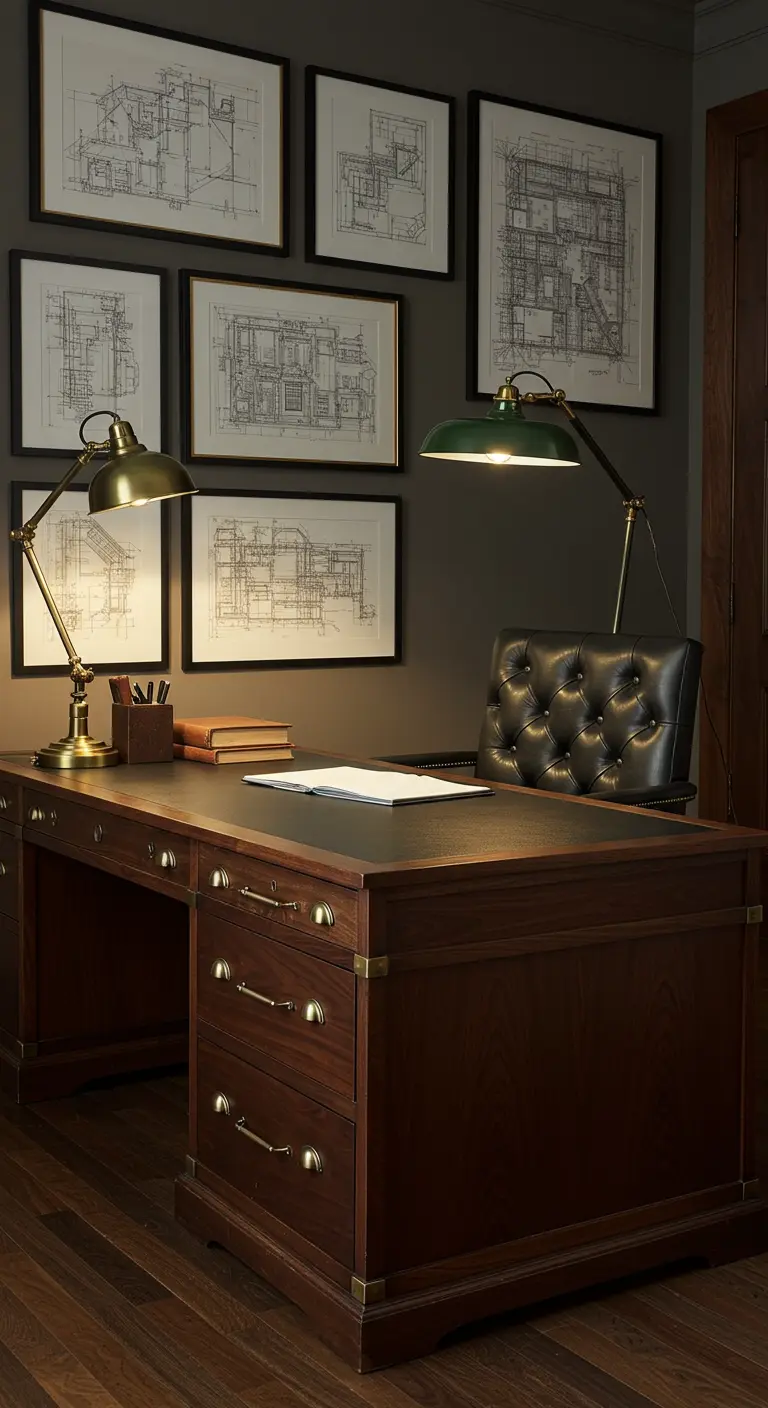 Despacho clásico con un gran escritorio de madera oscura, silla de cuero y planos arquitectónicos enmarcados