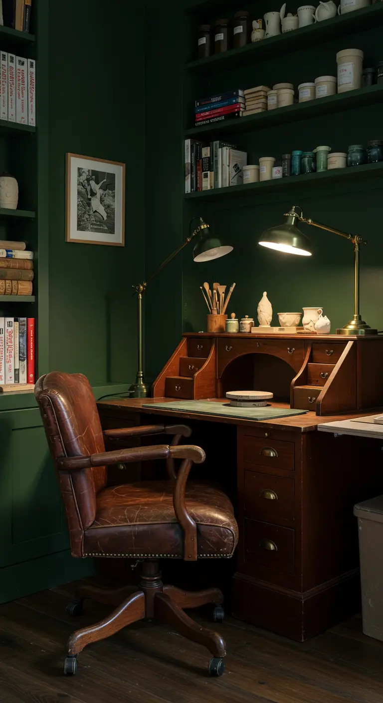 Estudio de arte oscuro y académico con paredes verdes, escritorio de madera y silla de cuero.