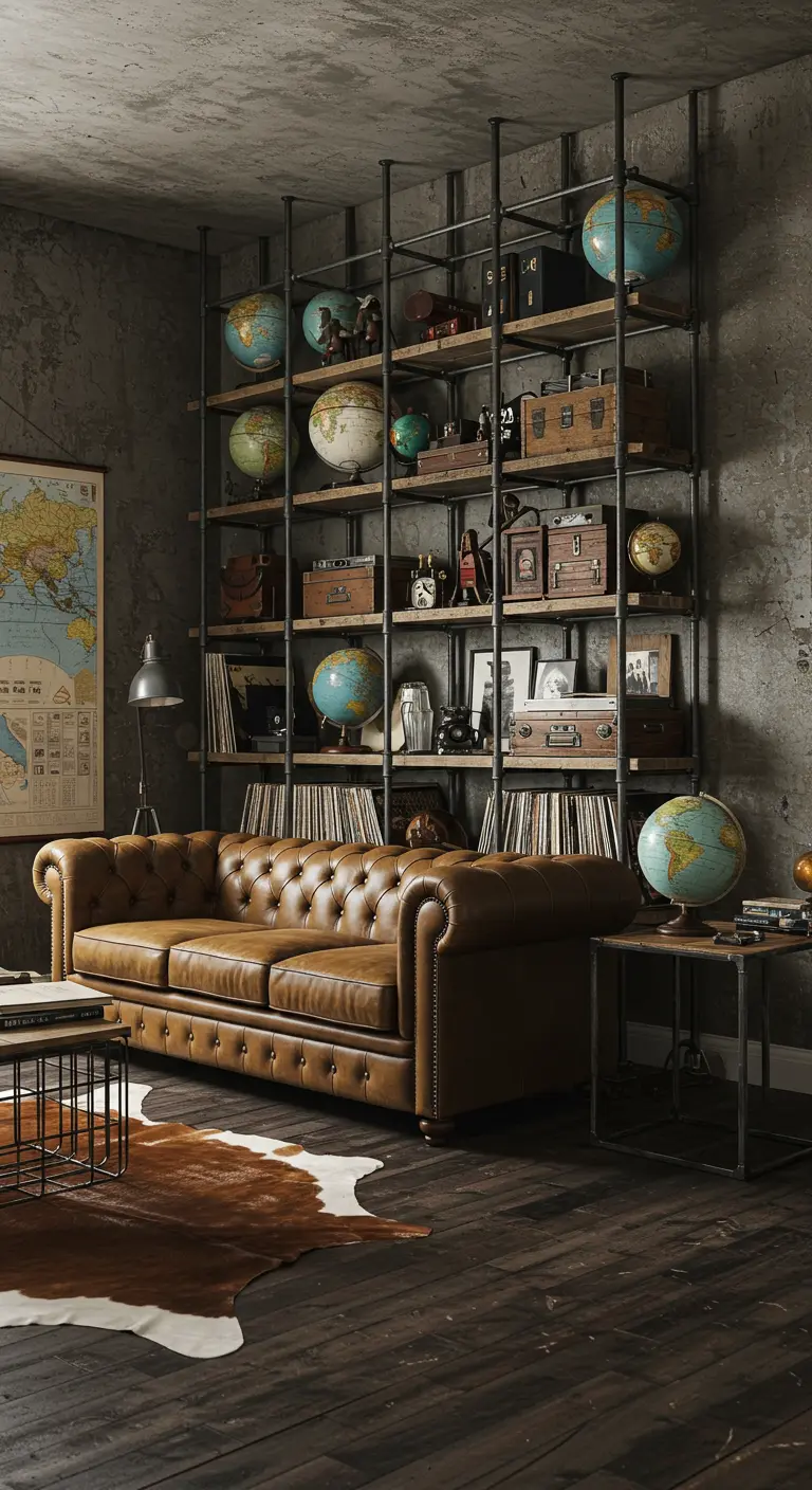 Salón industrial con estanterías altas llenas de globos terráqueos y un sofá de cuero.