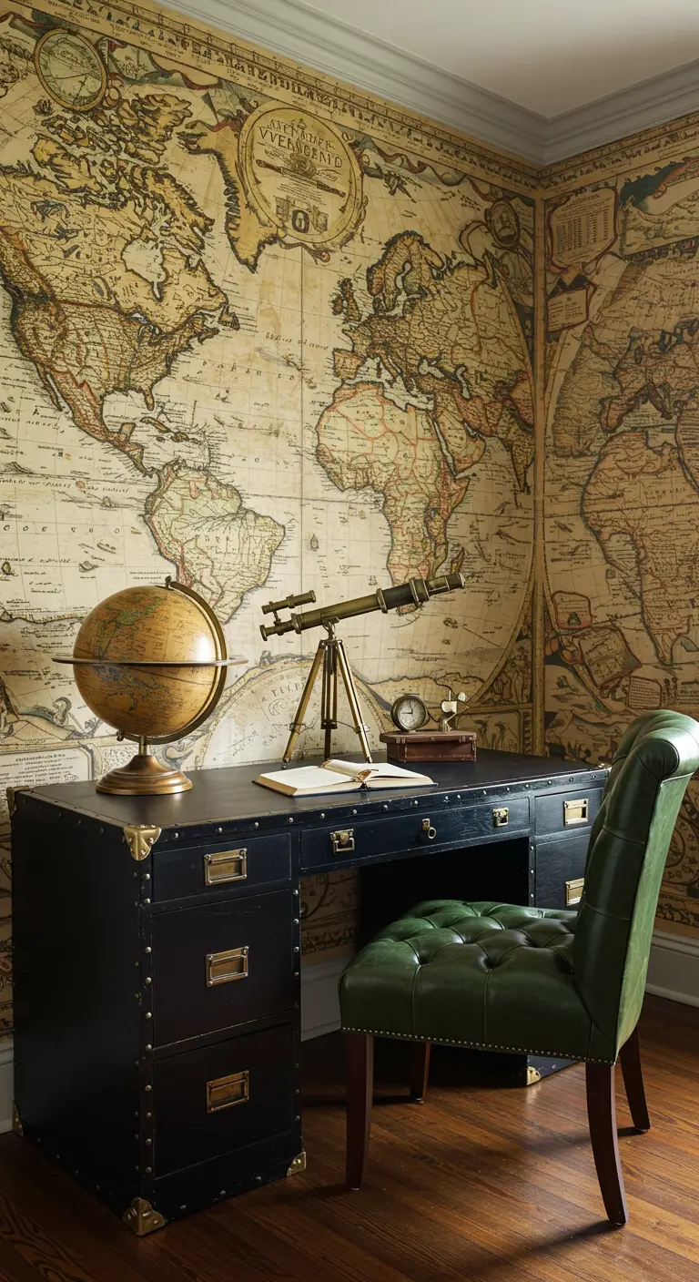 Estudio temático de explorador con papel pintado de mapa, un escritorio de campaña y un globo terráqueo.