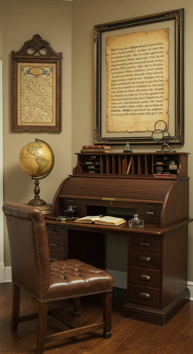 Despacho clásico con escritorio de persiana, mapa antiguo enmarcado y silla de cuero.