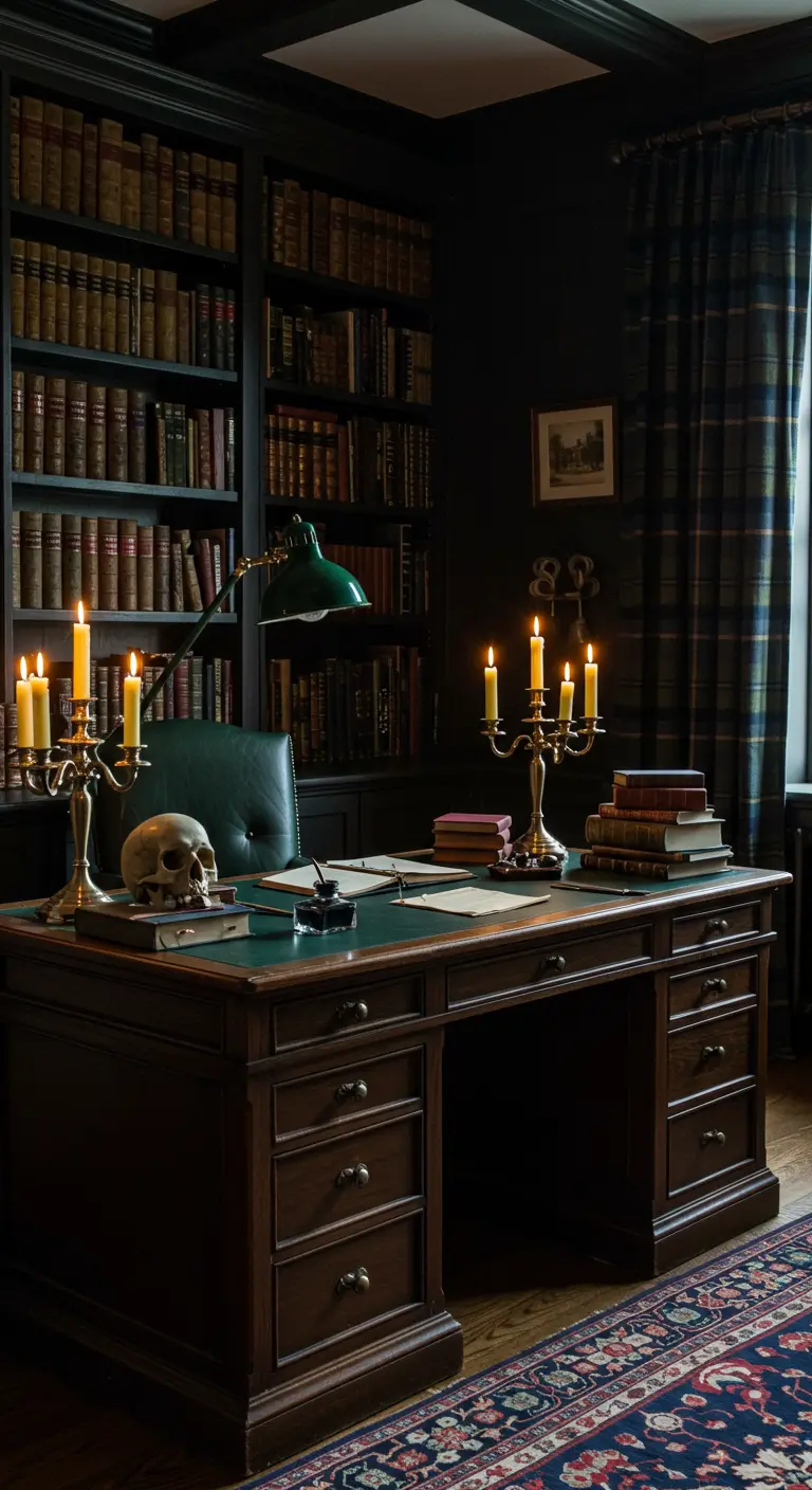 Escritorio de detective con sillón de cuero, calavera, libros y candelabros.
