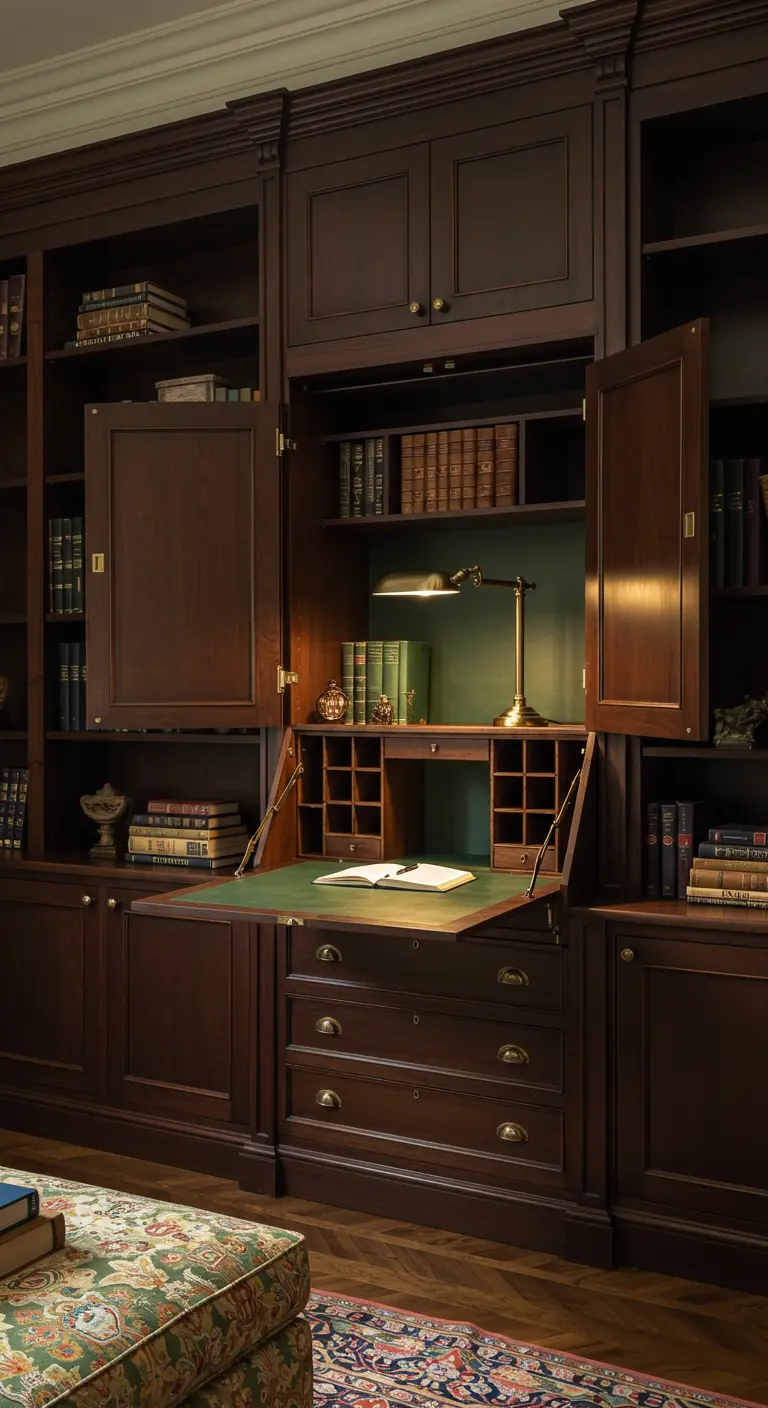Escritorio integrado en una gran librería de madera oscura, con superficie de cuero verde.