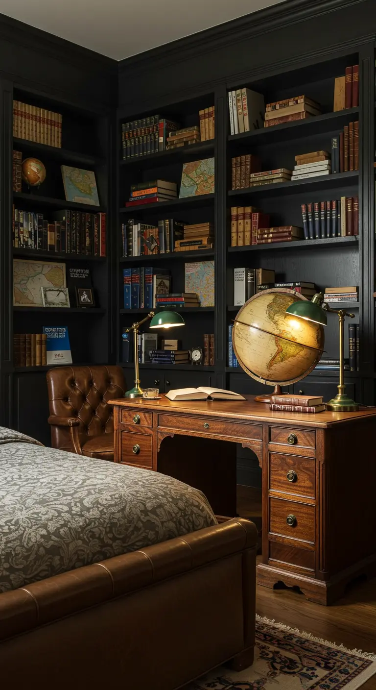 Dormitorio-estudio de estilo clásico con estanterías oscuras, un globo terráqueo y muebles de madera.