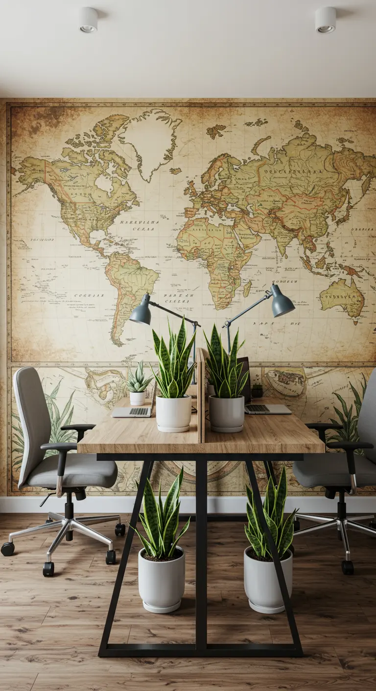 Oficina para dos personas con un gran mural de mapa del mundo en la pared y plantas de serpiente.