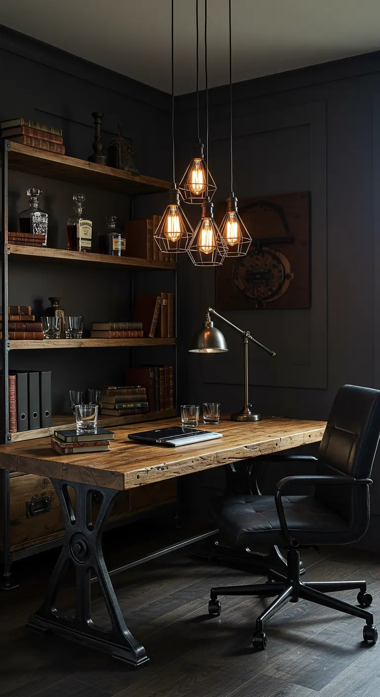 Oficina oscura y elegante con lámparas colgantes geométricas y escritorio de madera.