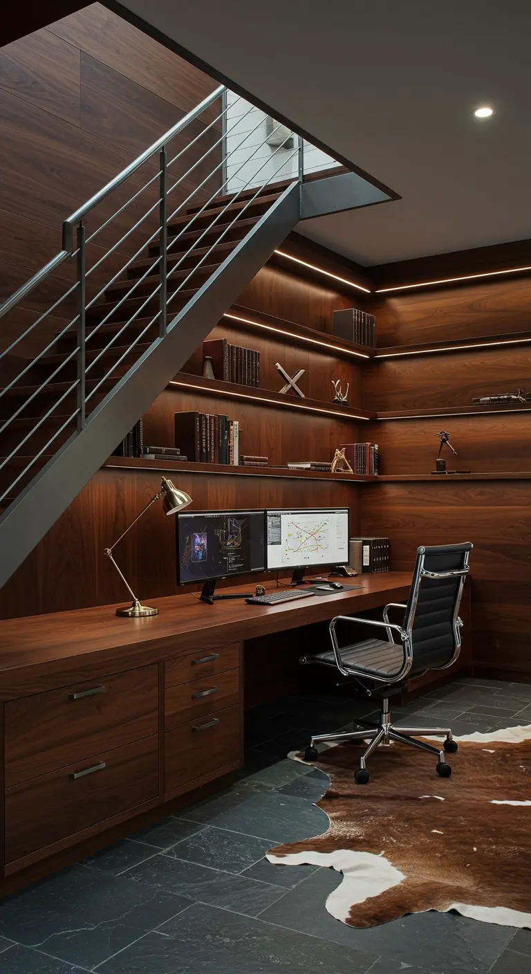 Oficina sofisticada bajo escalera, con revestimiento de madera oscura y silla de oficina ejecutiva.