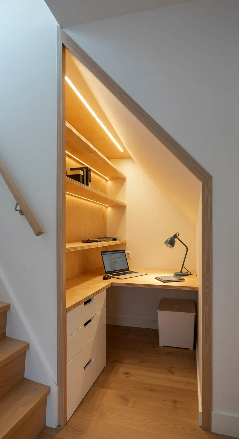 Oficina compacta construida a medida bajo una escalera con estanterías iluminadas con LED.