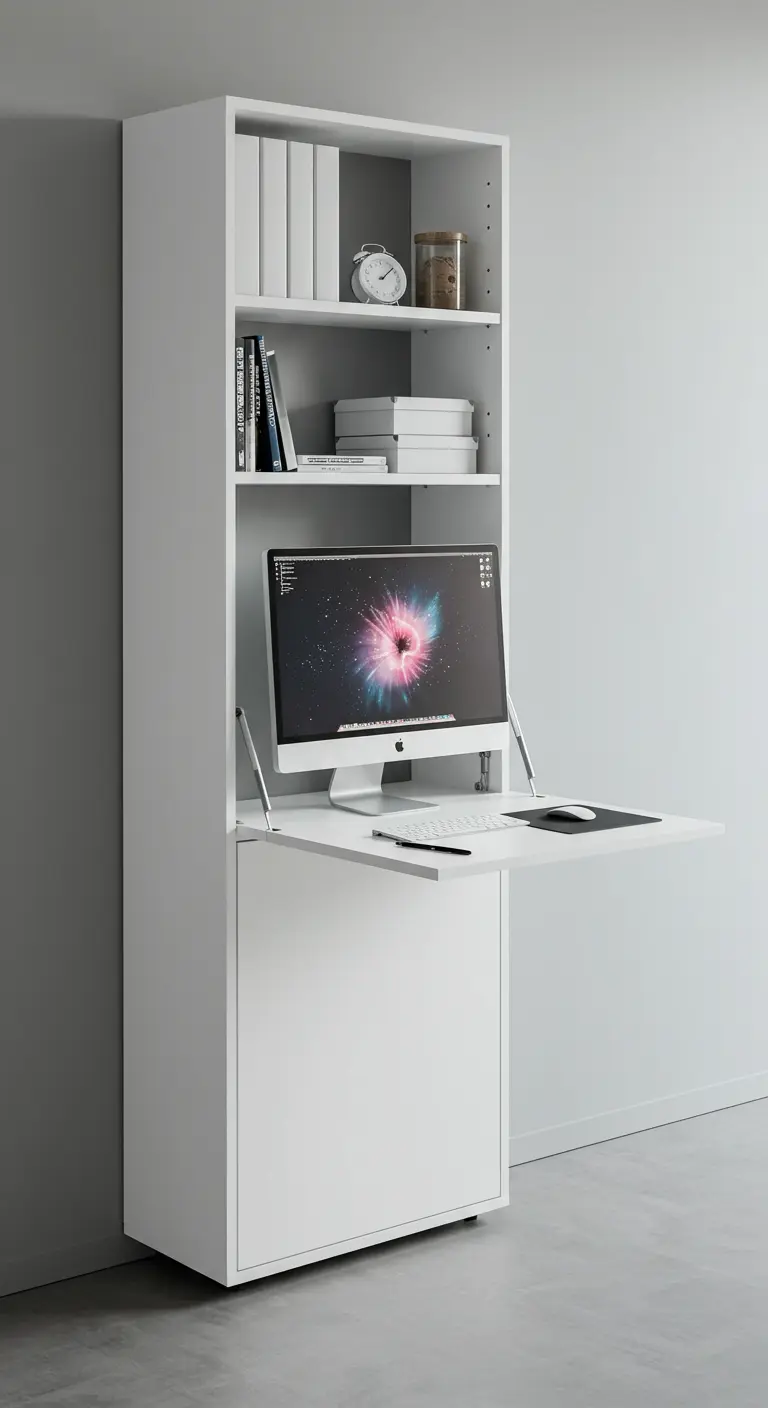 Mueble estantería blanco con un escritorio abatible integrado.