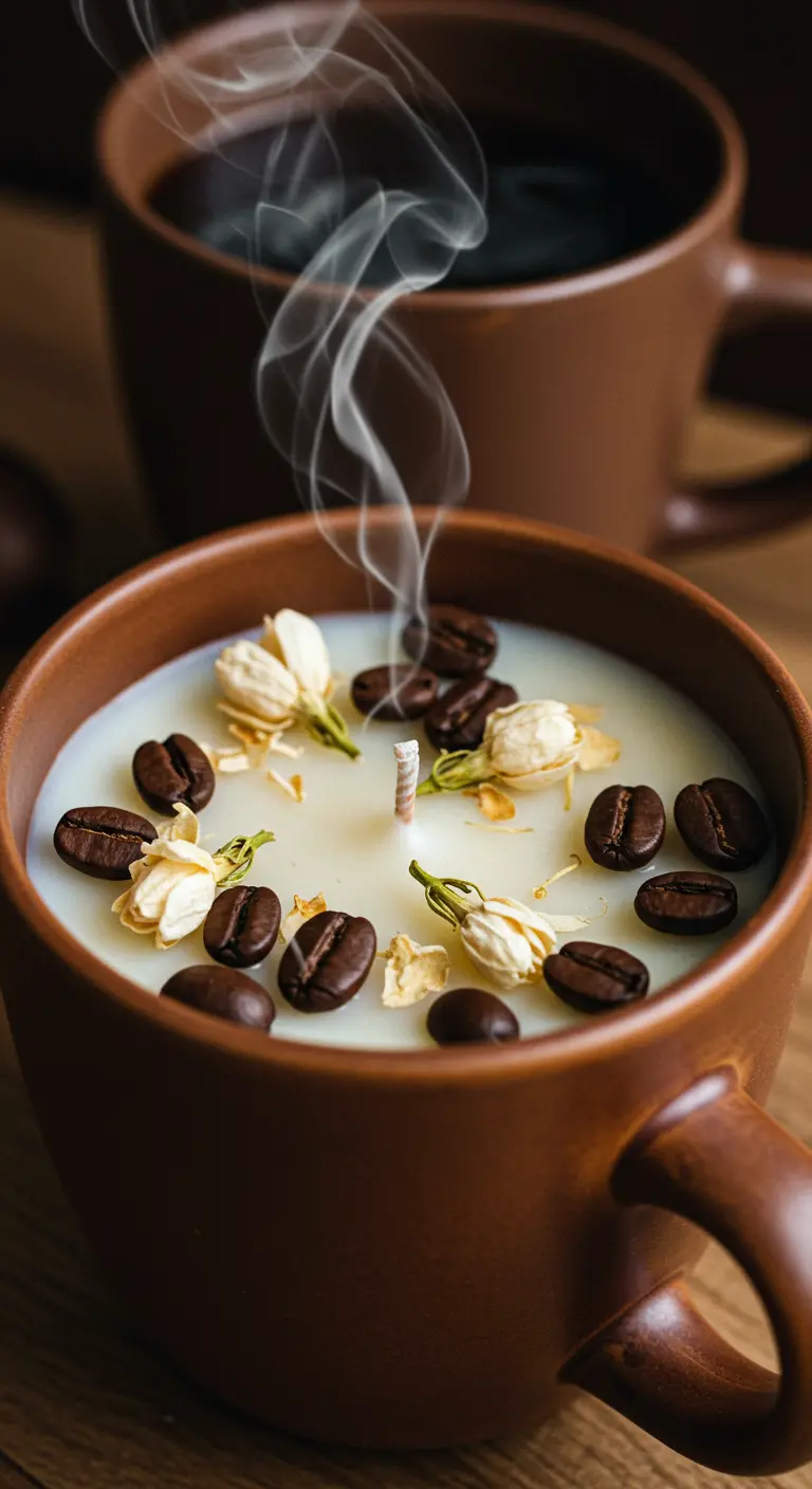 Vela en una taza de café, decorada con granos de café y flores.