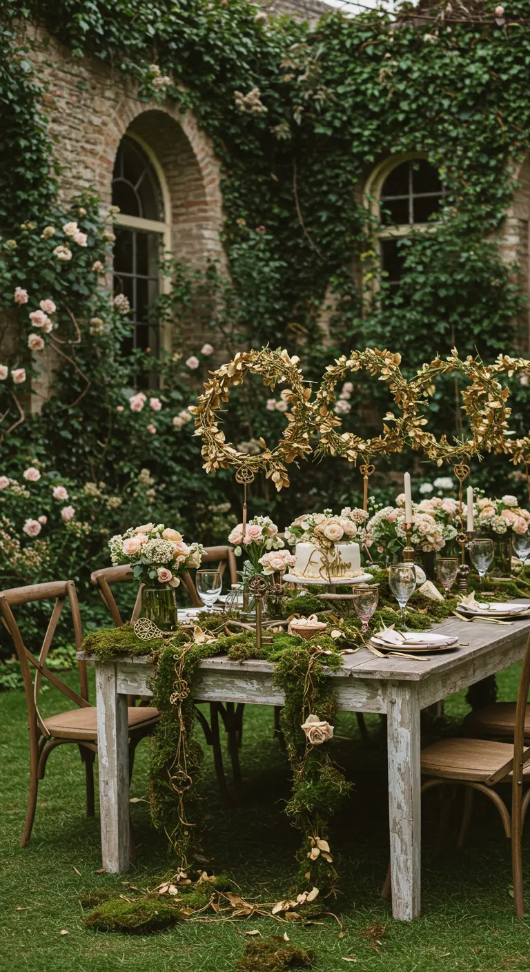 Mesa de madera rústica en un jardín con musgo, rosas y coronas de hojas doradas.