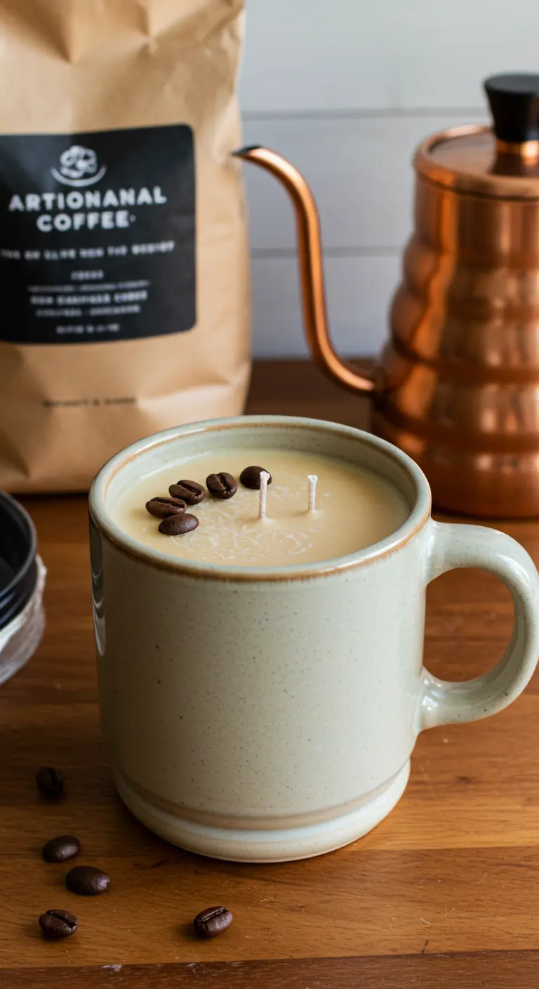 Vela en taza de cerámica beige con granos de café en la superficie